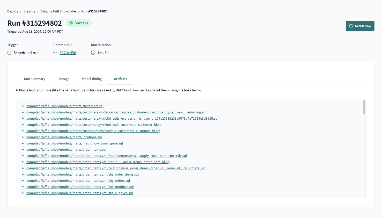 Example of the Artifacts tab Example of the Artifacts tab